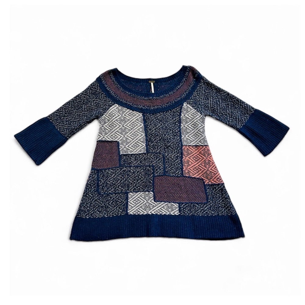 ★ Free People Blue Patchwork Boho Sweater Tunic - Multicolored ★